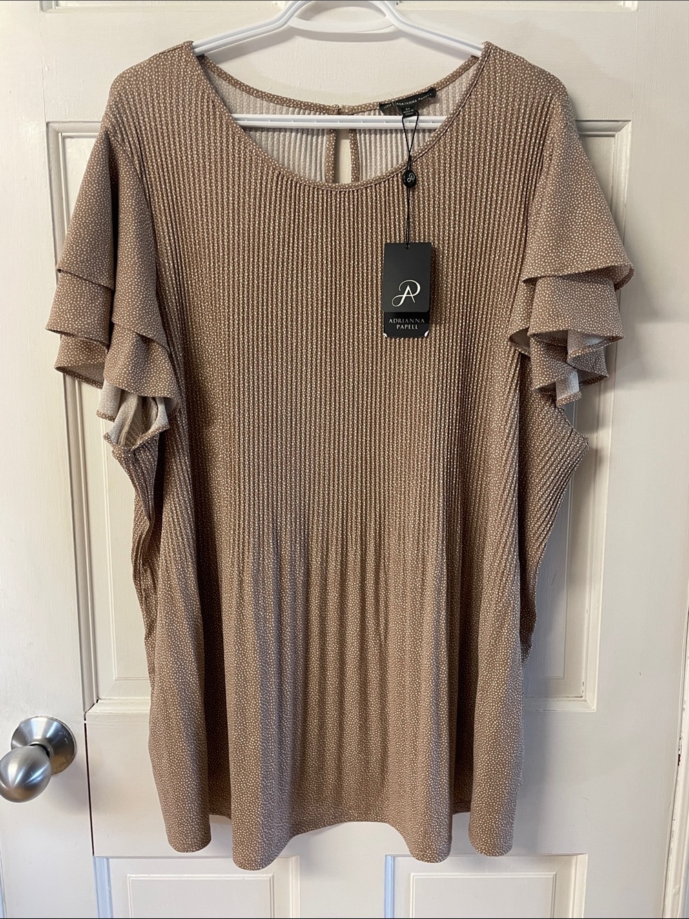 Adrianna Papell Taupe Metallic Knit Ruffle Sleeve Blouse